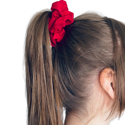 JOY | EMI AND CO | mini red scrunchie in hair 