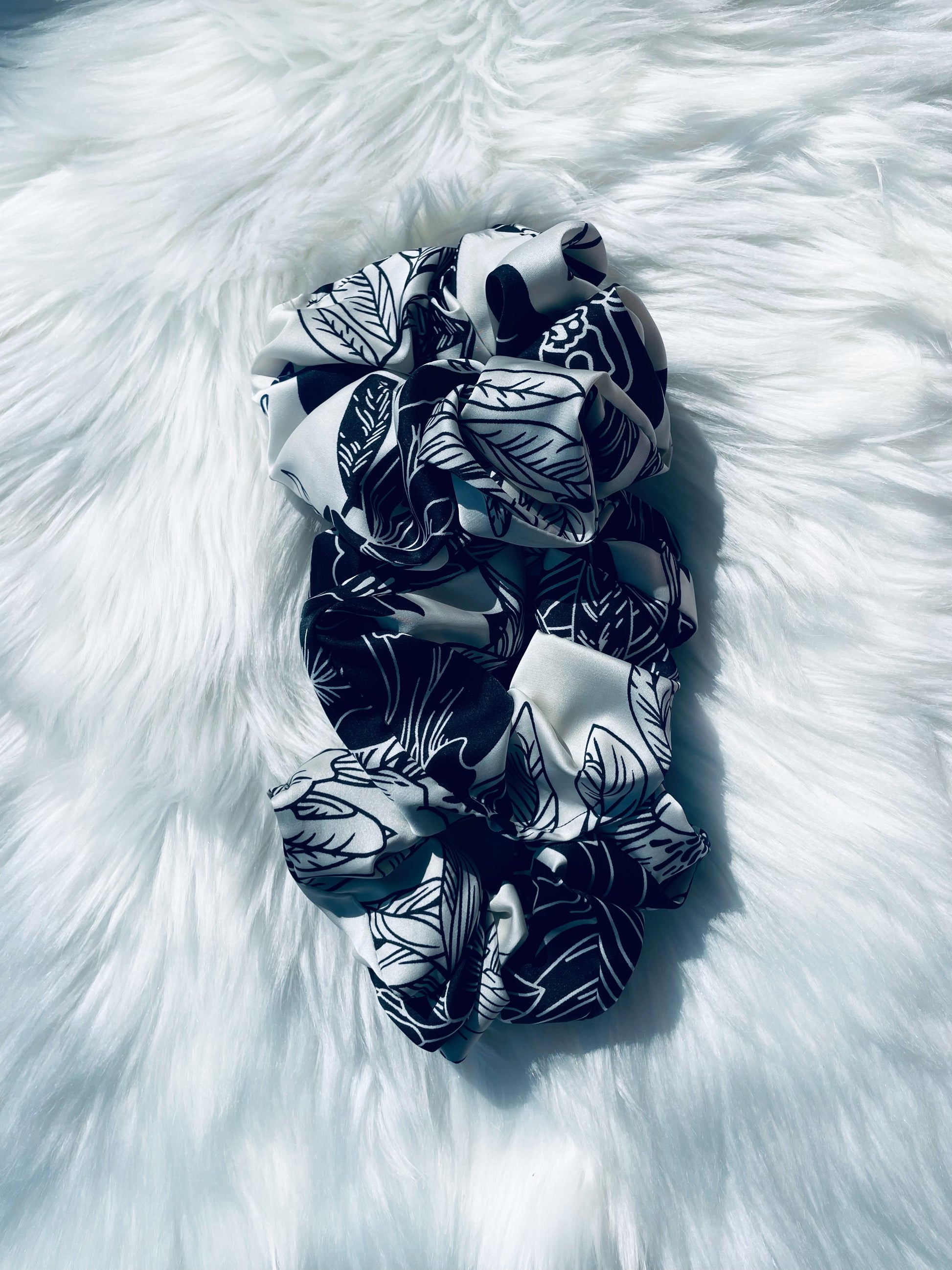 BAMBI | EMI AND CO | floral satin black and white scrunchies