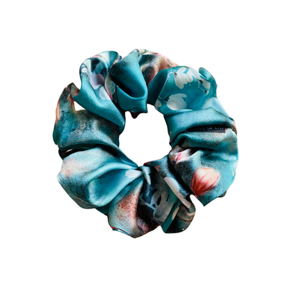 BLOSSOM| EMI AND CO | floral blue satin scrunchie