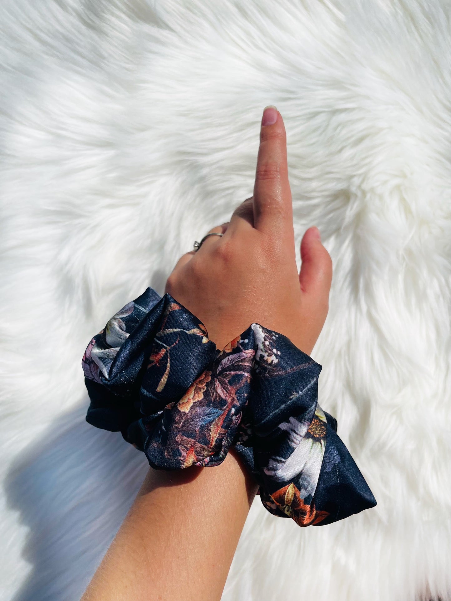 HAILEY| EMI AND CO | floral blue satin scrunchie 