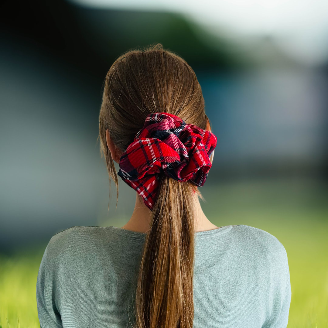 CURIOUS | EMI AND CO | red check fabric scrunchie in hair