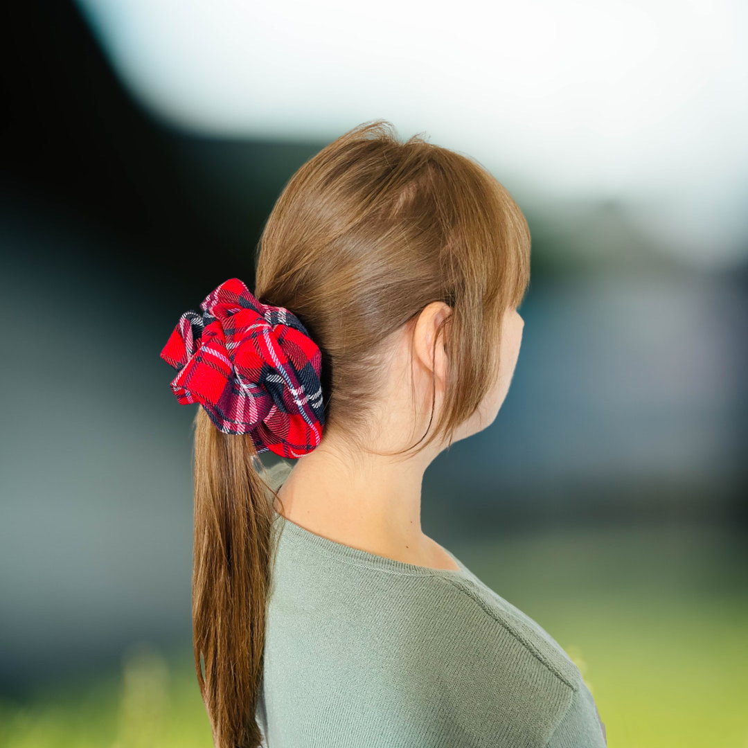 CURIOUS| EMI AND CO | red check fabric scrunchie in hair 