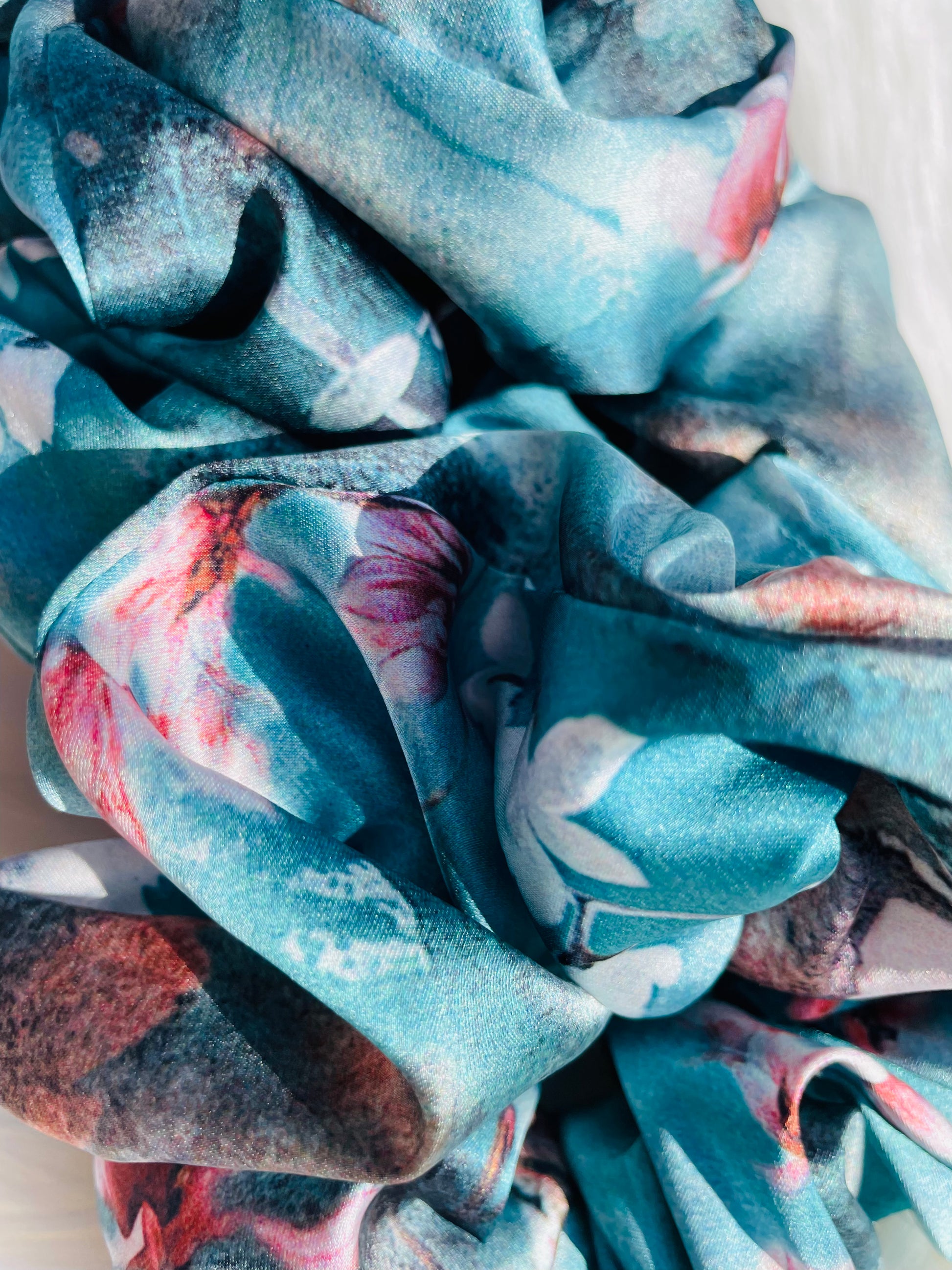 BLOSSOM | EMI AND CO | blue floral satin scrunchies