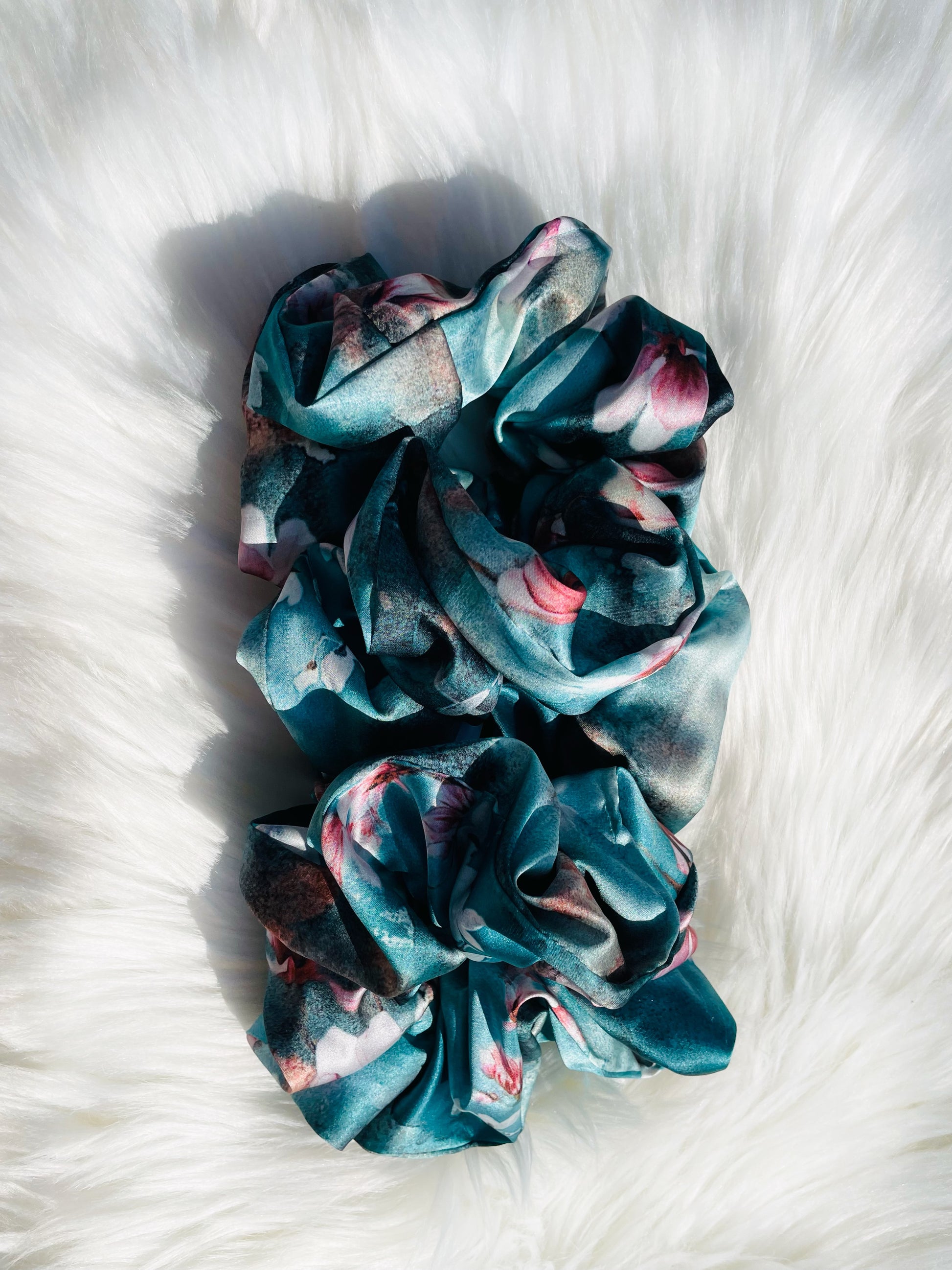 BLOSSOM| EMI AND CO | floral blue satin scrunchies 