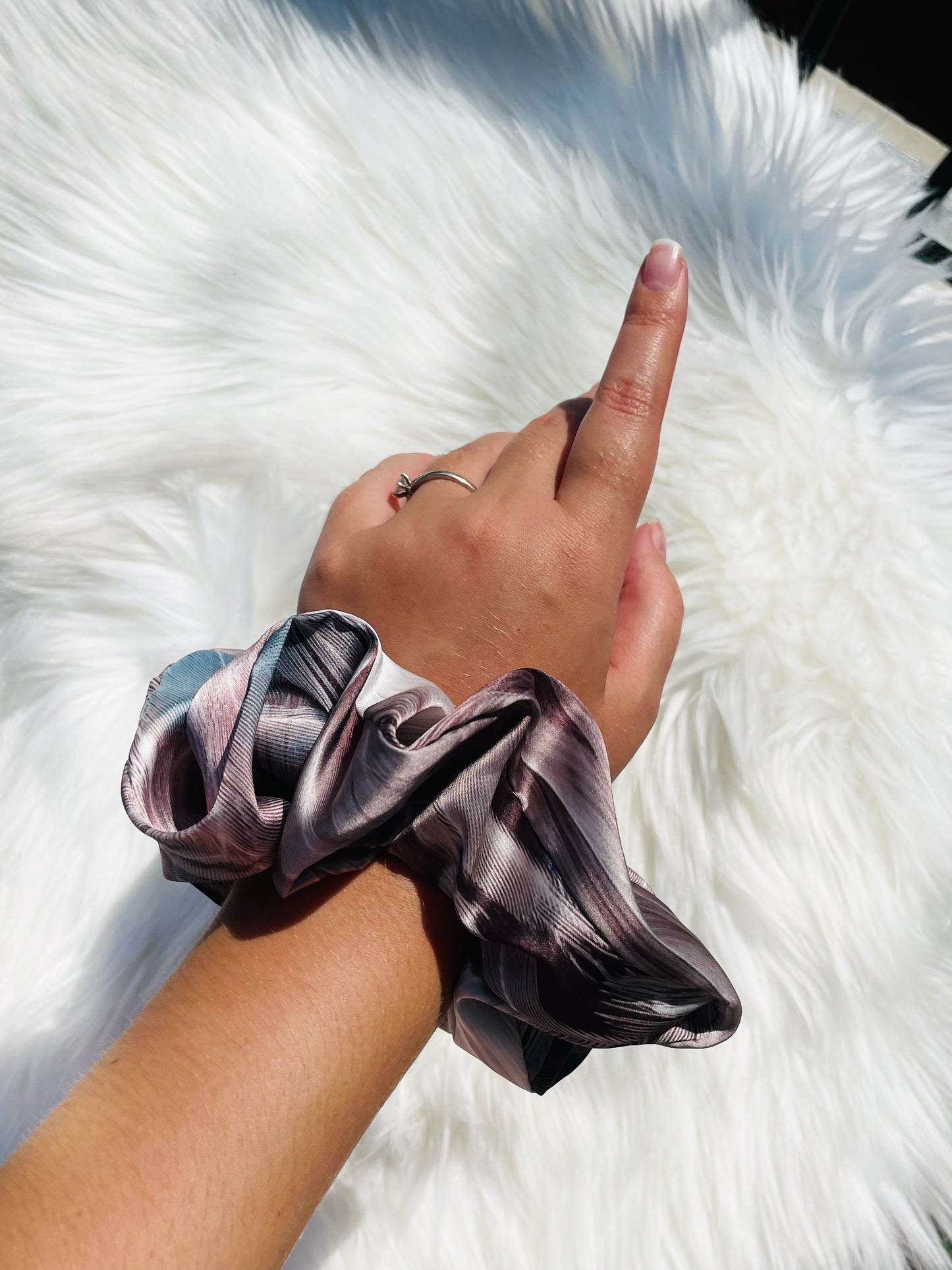 HARMONY| EMI AND CO | brown satin pattern scrunchie on wrist